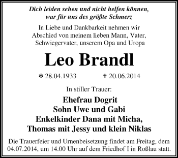 Traueranzeige von Leo Brandl von Super Sonntag Dessau / Köthen