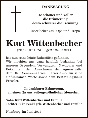 Traueranzeige von Kurt Wittenbecher von Super Sonntag Bernburg