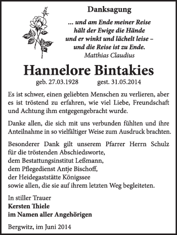 Traueranzeige von Hannelore Bintakies von WVG - Wochenspiegel Wittenberg