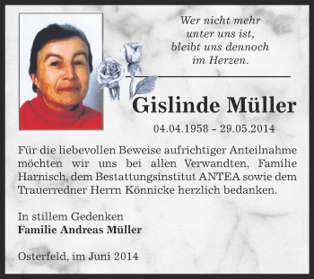 Traueranzeige von Gislinde Müller von Super Sonntag Zeitz