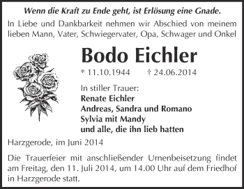 Traueranzeige von Bodo Eichler von WVG - Wochenspiegel Quedlinburg