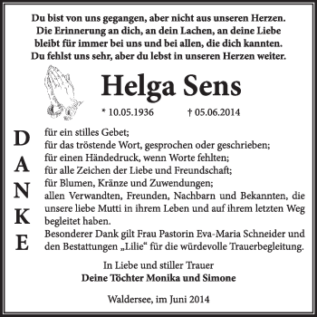 Traueranzeige von Helga Sens von Super Sonntag Dessau / Köthen