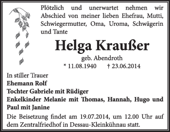 Traueranzeige von Helga Kraußer von Super Sonntag Dessau / Köthen