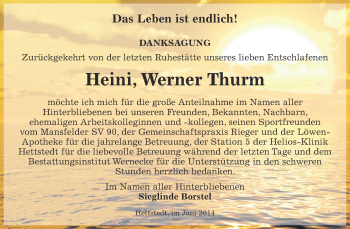Traueranzeige von Heini Werner Thurm von Super Sonntag SGH Mansf. Land