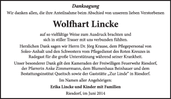 Traueranzeige von Wolfhart Lincke von Super Sonntag Dessau / Köthen