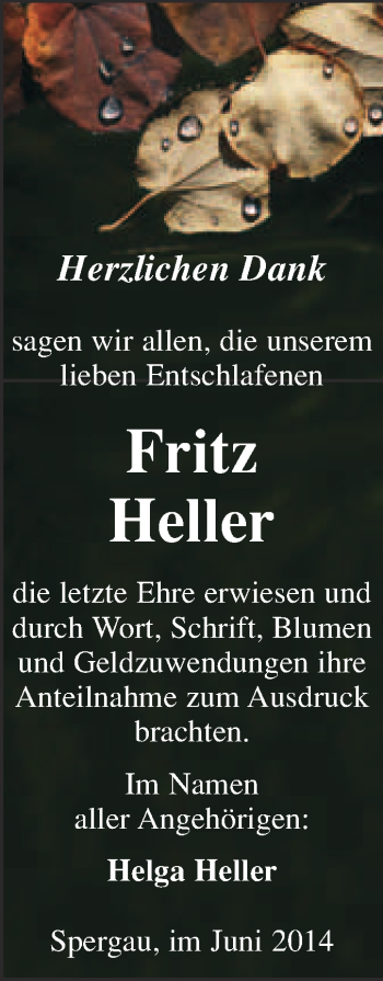 Traueranzeige von Fritz Heller von Super Sonntag Merseburg