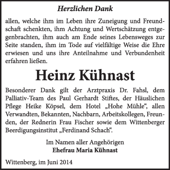 Traueranzeige von Heinz Kühnast von WVG - Wochenspiegel Wittenberg