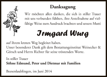 Traueranzeige von Irmgard Wurg von Super Sonntag Bernburg