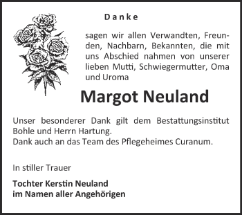 Traueranzeige von Margot Neuland von Super Sonntag Merseburg