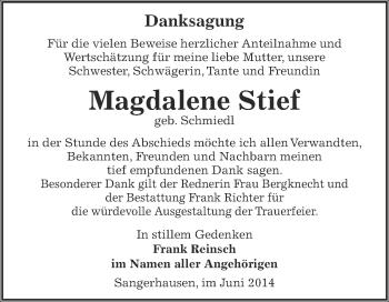 Traueranzeige von Magdalene Stief von Super Sonntag SGH Mansf. Land