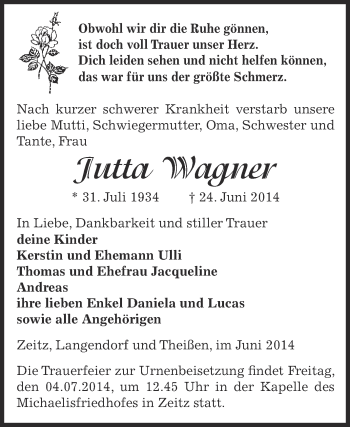 Traueranzeige von Jutta Wagner von Super Sonntag Zeitz