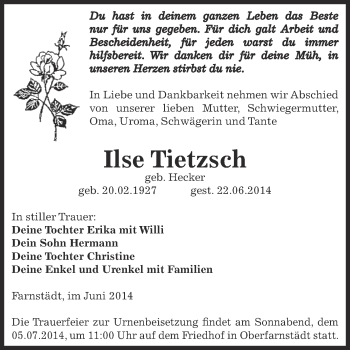 Traueranzeige von Ilse Tietzsch von Super Sonntag Zeitz