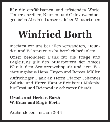 Traueranzeige von Winfried Borth von Super Sonntag Aschersleben