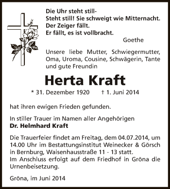 Traueranzeige von Herta Kraft von Super Sonntag Bernburg