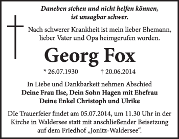 Traueranzeige von Georg Fox von Super Sonntag Dessau / Köthen