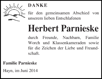 Traueranzeige von Herbert Parnieske von WVG - Wochenspiegel Quedlinburg