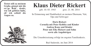 Traueranzeige von Klaus Dieter Rickert von WVG - Wochenspiegel Quedlinburg