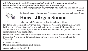 Traueranzeige von Hans-Jürgen Stumm von Super Sonntag Aschersleben