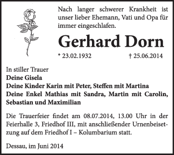 Traueranzeige von Gerhard Dorn von Super Sonntag Dessau / Köthen
