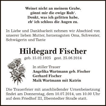 Traueranzeige von Hildegard Fischer von Super Sonntag Bernburg