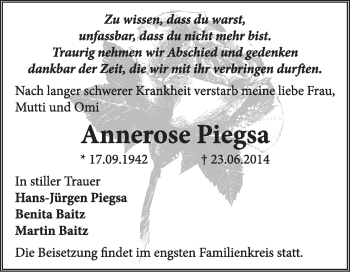 Traueranzeige von Annerose Piegsa von Super Sonntag Dessau / Köthen