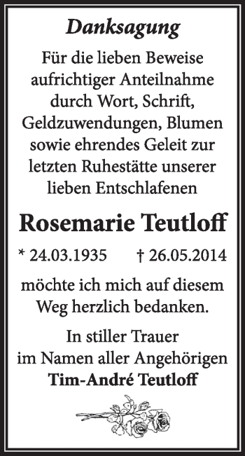 Traueranzeige von Rosemarie Teutloff von Super Sonntag Dessau / Köthen