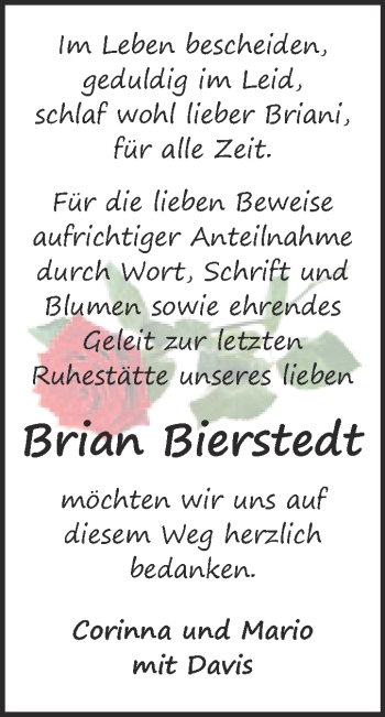 Traueranzeige von Brian Bierstedt von WVG - Wochenspiegel Quedlinburg