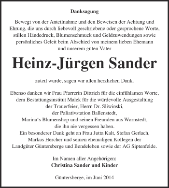 Traueranzeige von Heinz-Jürgen Sander von WVG - Wochenspiegel Quedlinburg