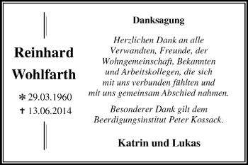 Traueranzeige von Reinhard Wohlfarth von Super Sonntag Dessau / Köthen