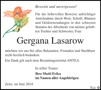 Traueranzeige von Gergana Lasarow von Super Sonntag Zeitz