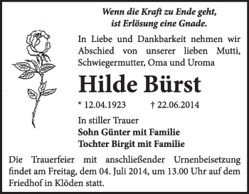 Traueranzeige von Hilde Bürst von WVG - Wochenspiegel Wittenberg