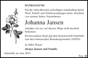 Traueranzeige von Johanna Jansen von Super Sonntag Zeitz