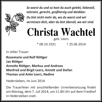 Traueranzeige von Christa Wachtel von WVG - Wochenspiegel Quedlinburg