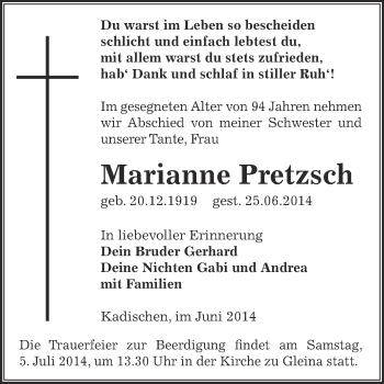 Traueranzeige von Marianne Pretzsch von Super Sonntag Zeitz