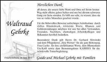 Traueranzeige von Waltraud Gehrke von WVG - Wochenspiegel Quedlinburg