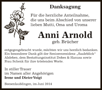Traueranzeige von Anni Arnold von Super Sonntag Bernburg