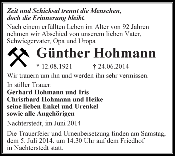 Traueranzeige von Günther Hohmann von Super Sonntag Aschersleben