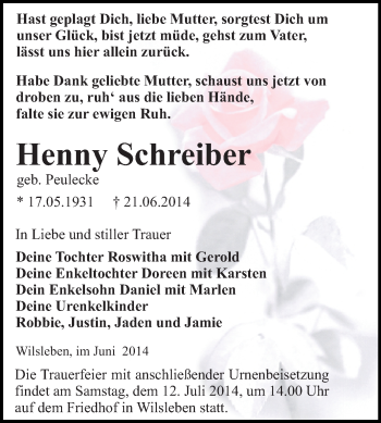 Traueranzeige von Henny Schreiber von WVG - Wochenspiegel Quedlinburg