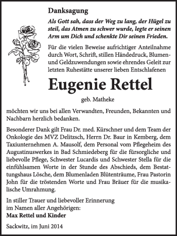 Traueranzeige von Eugenie Rettel von WVG - Wochenspiegel Wittenberg