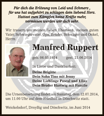 Traueranzeige von Manfred Ruppert von Super Sonntag Zeitz