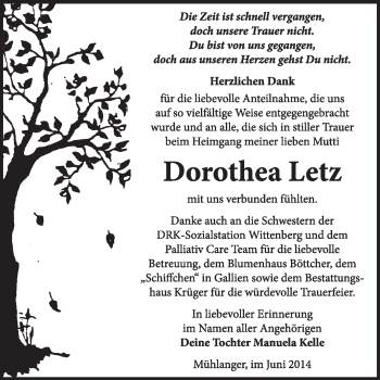 Traueranzeige von Dorothea Letz von WVG - Wochenspiegel Wittenberg