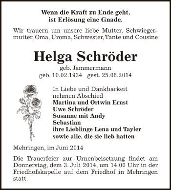 Traueranzeige von Helga Schröder von Super Sonntag SGH Mansf. Land
