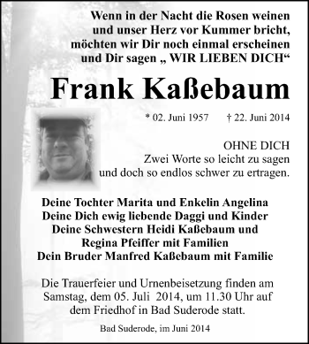 Traueranzeige von Frank Kaßebaum von WVG - Wochenspiegel Quedlinburg