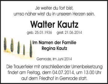 Traueranzeige von Walter Kautz von WVG - Wochenspiegel Quedlinburg