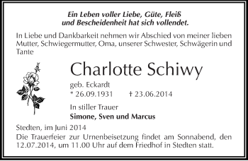 Traueranzeige von Charlotte Schiwy von Mitteldeutsche Zeitung Mansfelder Land