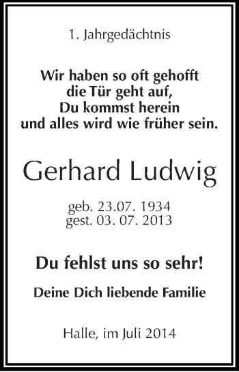 Traueranzeige von Gerhard Ludwig von Mitteldeutsche Zeitung Halle/Saalkreis