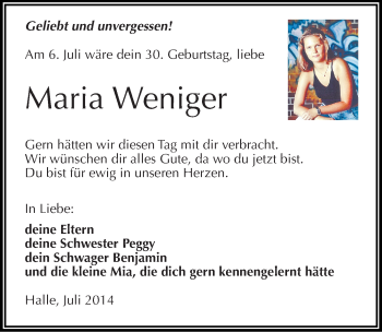 Traueranzeige von Maria Weniger von Mitteldeutsche Zeitung Halle/Saalkreis