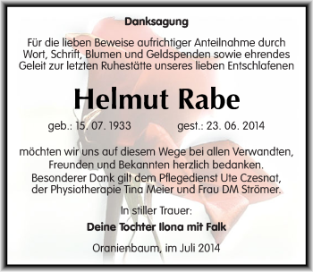 Traueranzeige von Helmut Rabe von Mitteldeutsche Zeitung Wittenberg