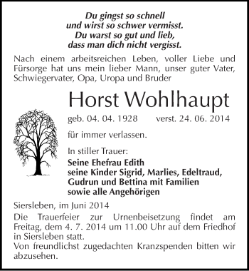 Traueranzeige von Horst Wohlhaupt von Mitteldeutsche Zeitung Mansfelder Land
