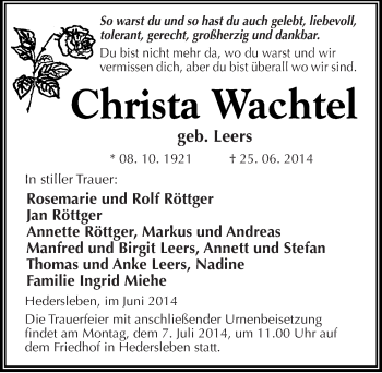 Traueranzeige von Christa Wachtel von Mitteldeutsche Zeitung